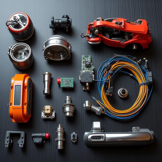 Collage of diverse automotive parts including sensors, gears, and panels