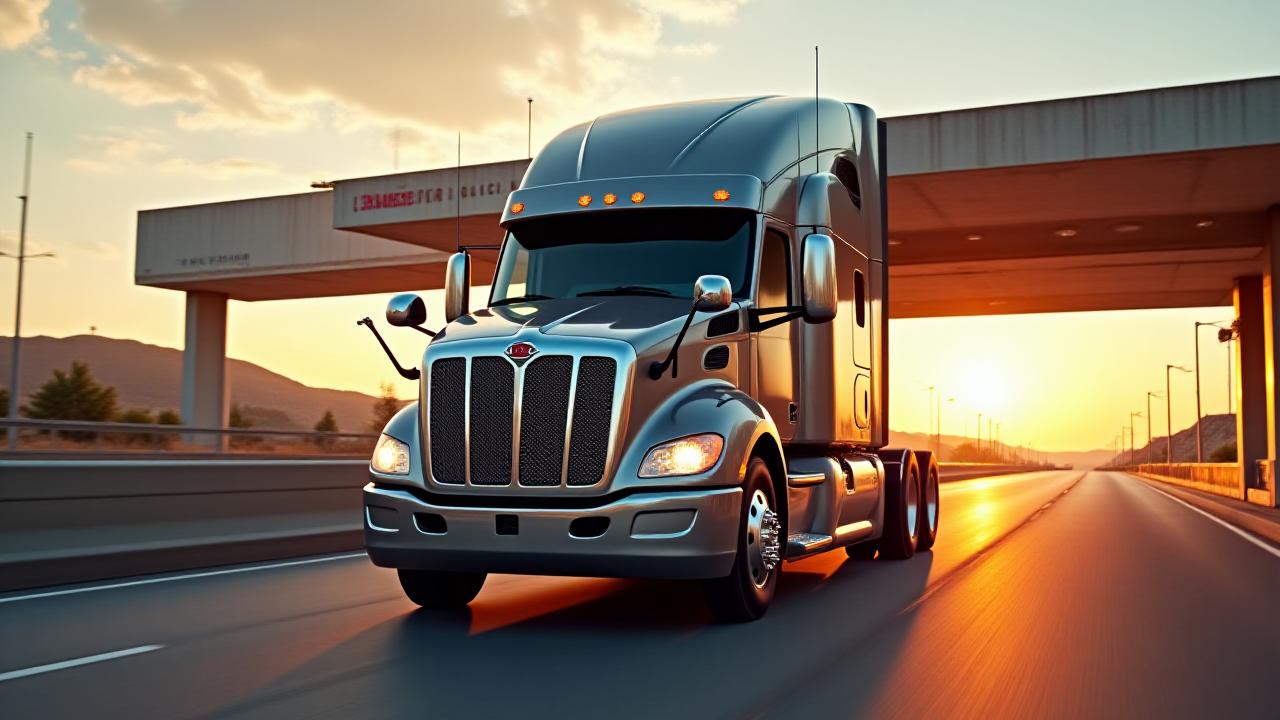 Heavy-duty Morgan Logistics freight carrier crossing the international border interface at twilight
